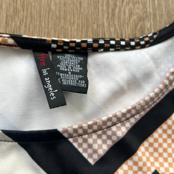 Fire Los Angeles Small Black/Tan/White Abstract A-Line Midi Long Sleeve Dress - Picture 8 of 10